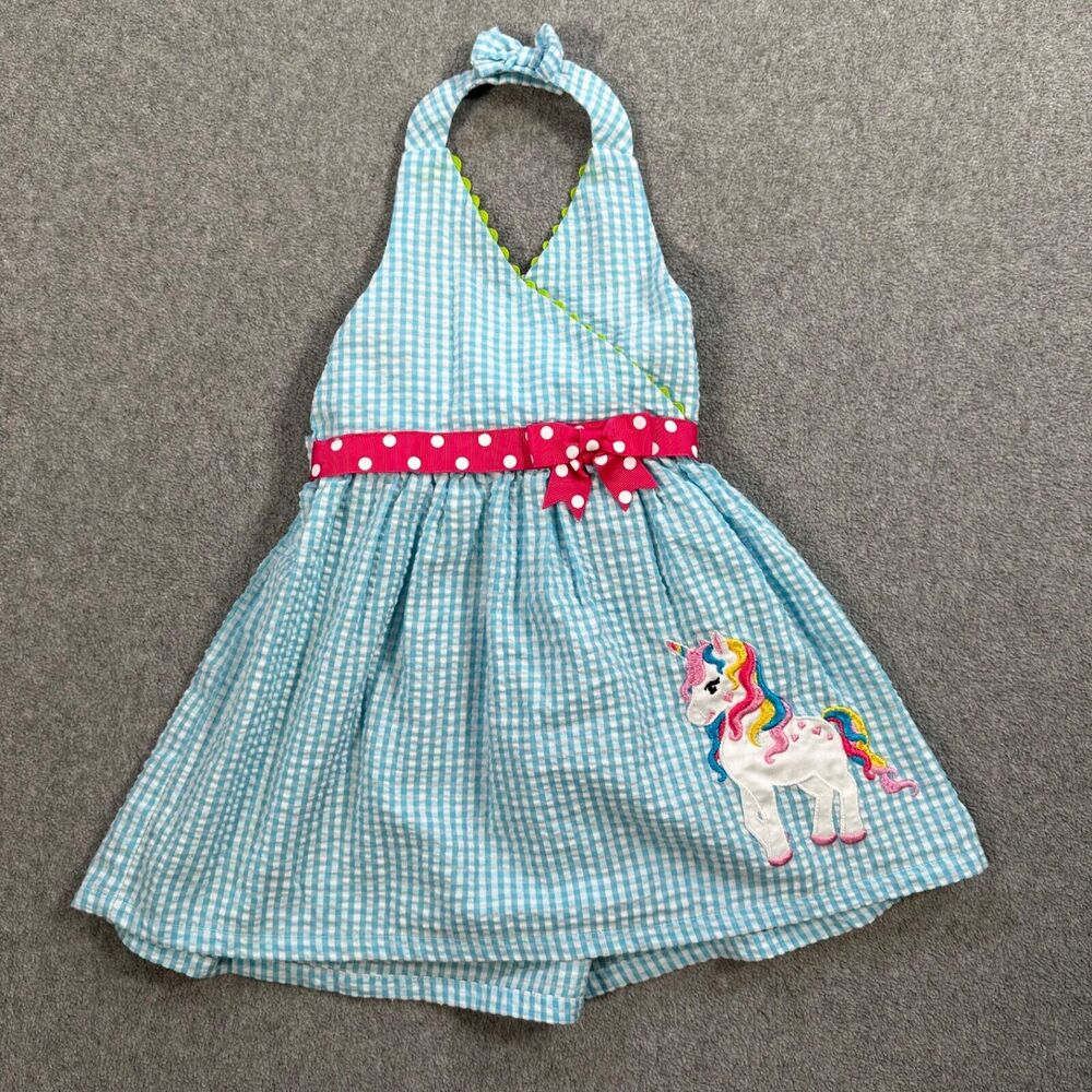 Girls Light Blue Gingham Unicorn Halter Dress with Pink Bow - Picture 1 of 5